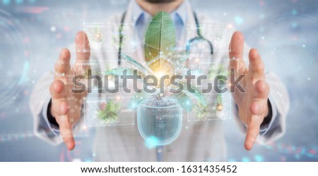 Researcher on blurred background holding and touching holographic projection of a plant with digital analysis 3D rendering
