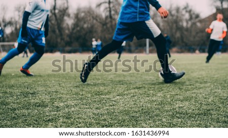 Soccer game with blurred background. Teams play soccer on green grass. Blurred background, defocus.