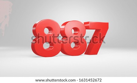 Number 887 in red on white background, isolated glossy number 3d render