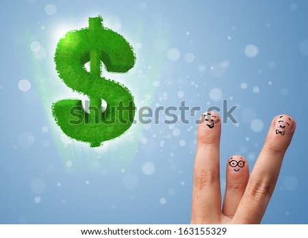 Happy cheerful smiley fingers looking at green leaf dollar sign