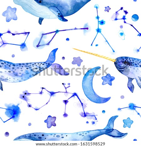 Sea constellations. Stars. Moon. Blue whale and narwhal. Seamless watercolor pattern.