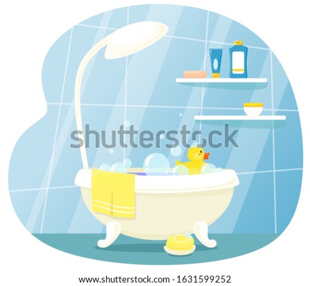 Children's bathroom with a duck for bathing and bathing accessories. Vector illustration in cartoon flat style.