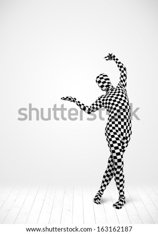man in full body suit presenting your product over white background