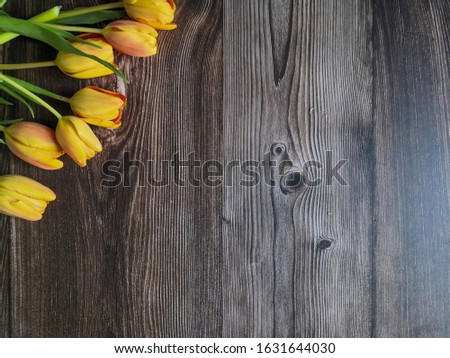 Orange tulips on dark wooden background with space for message. Mother's Day  composition. Flat lat, top view, copy space.