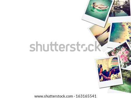 A pile of photographs with space for your logo or text. Royalty-Free Stock Photo #163165541