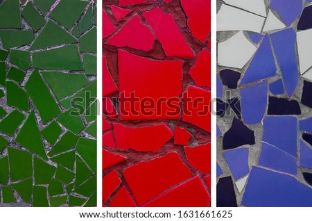 Collage mosaic texture. Set of different colour mosaic surface. Green, red, violet. 