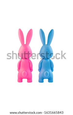 Cute bunnies set, happy lovers couple with heart on white background isolated rare back view. Pink and blue rabbits. Creative minimal Valentine's day card, family love dating concept. Easter banner.