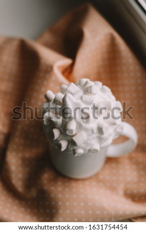 Drink with whipped cream and marshmallows. Coffee, cocoa or hot chocolate for dessert.