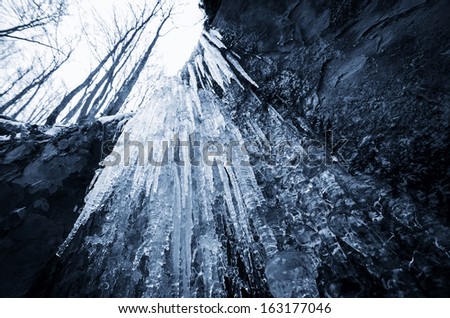 icicles on a waterfall in forest in winter