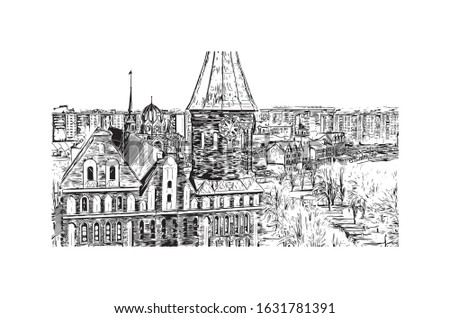 Building view with landmark of Kaliningrad is the capital of the Russian province of the same name. Hand drawn sketch illustration in vector.