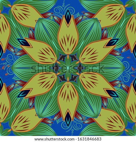 Cute floral elements. Seamless. Flowers on blue, red and green colors. Vector illustration.