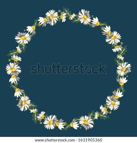 Beautiful wreath of field daisies on a classic blue background. Pharmacy medicinal chamomile with leaves. Realistic style. Spring pattern. Rustic decor.