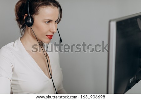 Customer Support Agent Receptionist Wear Headset Consult Online Client. Talk in Internet Computer Chat, Helpline Operator Secretary Make Conference Video Call Royalty-Free Stock Photo #1631906698