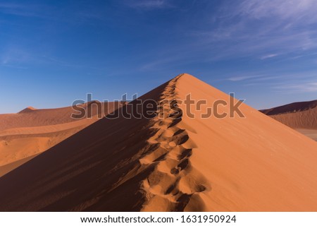 Beautiful landscape with red huge sand dunes at sunset in desert. Sossusvlei, Namib Naukluft National Park, Namibia. Stunning natural geometry without people