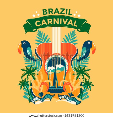 Vector templates with palm tree, toucan bird, and mask for Brazil carnival