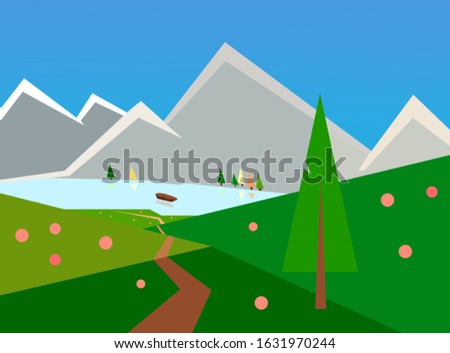 Spring landscape clip art, road to mountain lake with boat between green hills, flowers, trees, peaks, springtime concept. Path through near spruce, geometric artwork, triangles, illustration. Travel