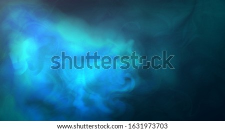 Blue thick steam on dark background. Blue fog. Colored smoke. Turquoise tones and blurry bursts of light. Abstract neon night background. 3d Realistic fog. Vector stock illustration. Copy space. Royalty-Free Stock Photo #1631973703