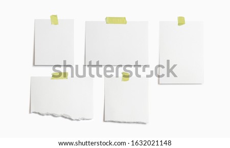 Moodboard template composition with blank photo cards, torn paper, polaroid frame glued with yellow adhesive tape and isolated on white for easy editing. Royalty-Free Stock Photo #1632021148