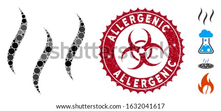 Mosaic aroma steam icon and rubber stamp seal with Allergenic text and biohazard symbol. Mosaic vector is formed with aroma steam icon and with random circle spots. Allergenic seal uses red color,