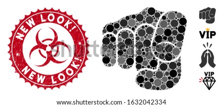 Mosaic only you icon and rubber stamp seal with New Look! phrase and biohazard symbol. Mosaic vector is formed with only you pictogram and with random spheric items. New Look! stamp uses red color,