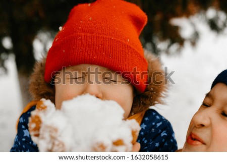 Boy and girl in the winter. Children and snowy weather. Winter fairy tale. Winter concept.
