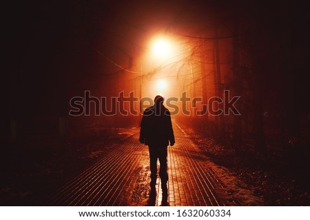 Sad man alone walking along the alley in night foggy park. Back view Royalty-Free Stock Photo #1632060334