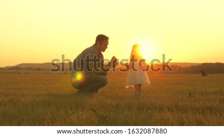 child picks flowers in meadow with his father. Little daughter walks with dad in meadow holding hands. child holds father s hand. family walks in evening out of town. Dad and baby are resting in park.