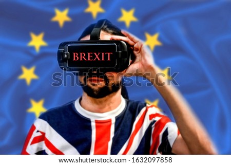 BREXIT conceptual image - Man with 4K Glasses watching United Kingdom exit from the European Union. Close up, selective focus.