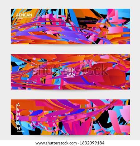 Abstract banner template with bright colored random small particle explosion. Sport music social media layout. Optical art dynamic background with outer space motion. Futuristic vector.
