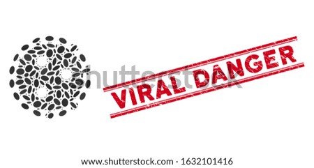 Mosaic influenza virus icon and distressed stamp seal with red Viral Danger text between double parallel lines. Mosaic vector is composed with influenza virus pictogram and with scattered oval items.