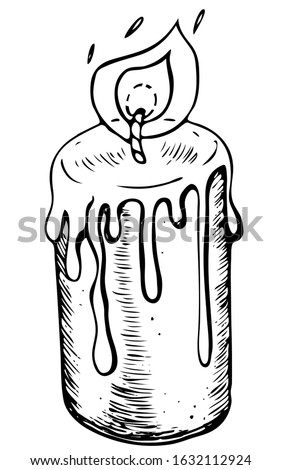 Burning candle in a hand drawing style. Wax candle to create a romantic or festive mood. The symbol of lovers on Valentine's Day. Image for cards, decorations and design. Light source on a white fond.