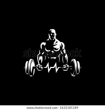Fitness man holds barbell in his hands and trains biceps. Vulture barbell in the form of heart rate. Vector illustration.