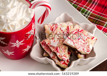 Traditional holiday chocolate peppermint bark candy in festive snowflake bowl and cup of hot chocolate