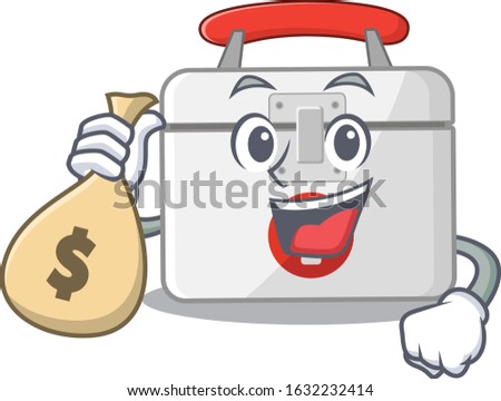 Happy rich first aid kit cartoon character with money bag