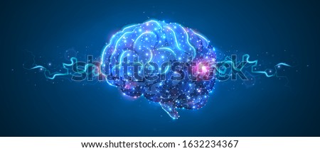 Human Brain. Organ anatomy, neurology, healthy body concept. Polygonal image on blue neon background. Low poly, wireframe digital 3d vector illustration. Abstract art