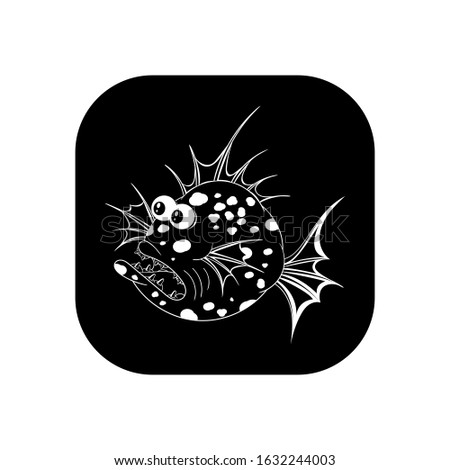 Big scary spotted fish. Vector illustration in the form of a round black and white icon for websites.