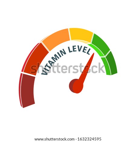 Color scale with arrow from red to green. Vitamin level measuring device icon. Sign tachometer, speedometer, indicators. Colorful infographic gauge element