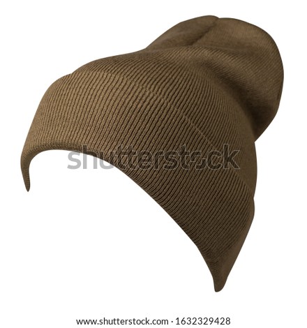 knitted brown hat isolated on a white background. stylish hat front side view. fashion accessory for casual style
