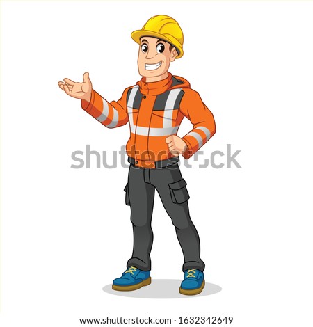 Male Industrial Worker with Safety Jacket and Hard Hat Present Something, People at Work, Cartoon Vector Illustration Mascot, in Isolated White Background.
