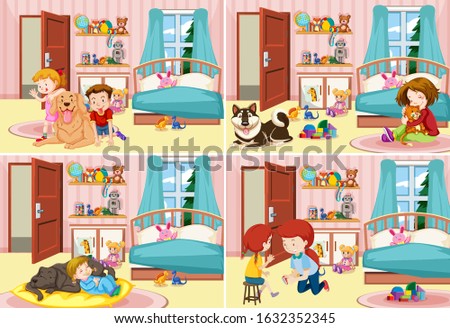 Four scenes of children in the bedroom illustration