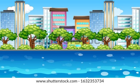 Scene with buildings along the river illustration