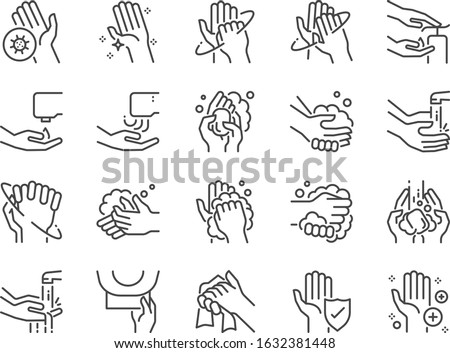 Hand washing line icon set. Included icons as wash, tissue paper, cleaning, hand dryer, soap, wipe, sanitary and more. Royalty-Free Stock Photo #1632381448