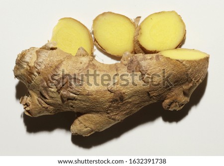 Photography of isolated ginger root and slices for food illustations