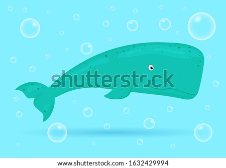 Whale on blue background with bubbles. Ocean fish. Underwater marine wild life. Vector illustration.