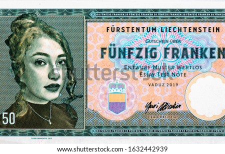 Girl with a pendant Portrait from Liechtenstein 50 Franc 2019 fantasy Banknotes. An Old paper banknote, vintage retro. Famous ancient Banknotes. Collection.