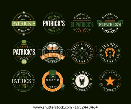 Set of St. Patricks Day Retro Holiday Badges, labels & sticker design collection. Vector Greetings Design. Saint Patricks Day Background. Happy Saint Patricks Day.