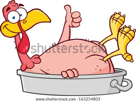 Smiling Turkey Bird Cartoon Character In The Pan Giving A Thumb Up. Vector Illustration Isolated on white