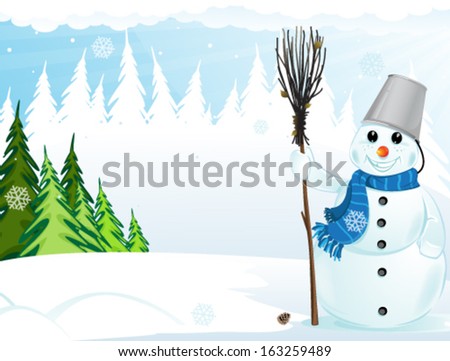 Snowman with a broom in a  pine forest. Winter scene