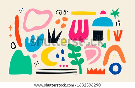 Big set of Hand drawn various colorful shapes and doodle objects. Abstract contemporary modern trendy vector illustration. All elements are isolated
