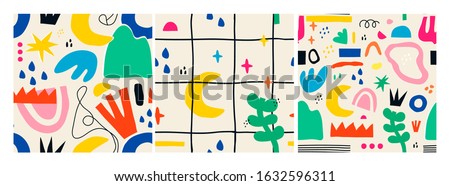 Various Hand drawn Shapes and Doodle objects. Set of three Colorful Abstract contemporary modern trendy Vector Seamless patterns. Wallpapers. Perfect for textile prints
